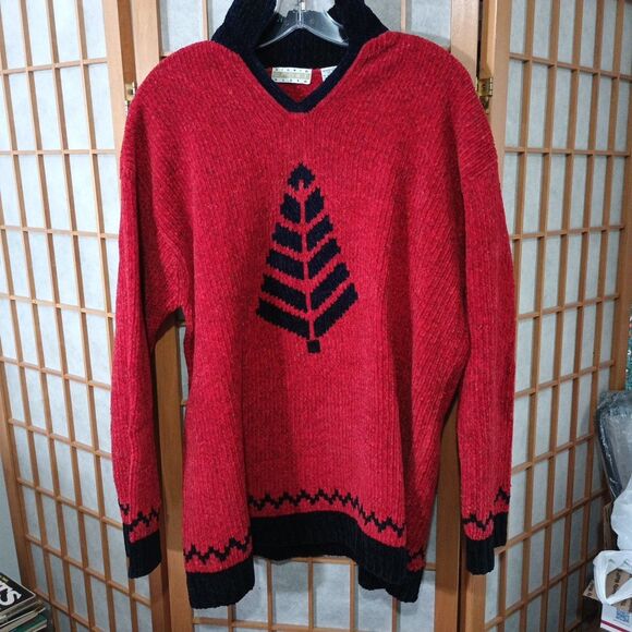 Sigrid Olsen Sport Red Chenille Sweater L Nordic Tree Knit Pullover Christmas - Picture 2 of 14